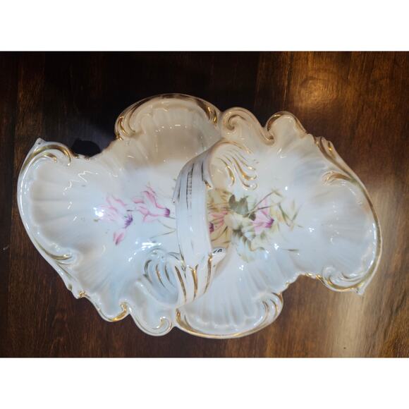 Vintage Double-Sided Bowl with Handle Silesian ceramic, Pink Orchids Flowers - Picture 1 of 10